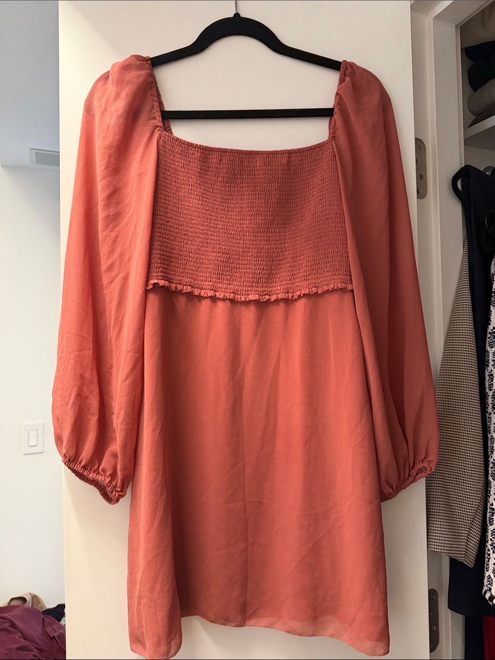 Aritzia Wilfred Coral-Peach Smocked Square-Neck Tunic Dress